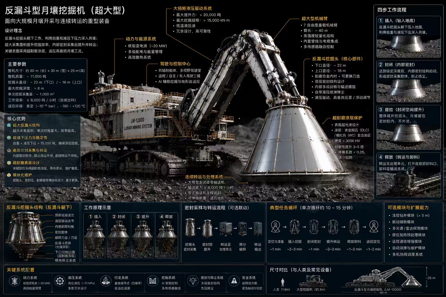 反漏斗型大型月壤挖掘机 LM-12000 概念图