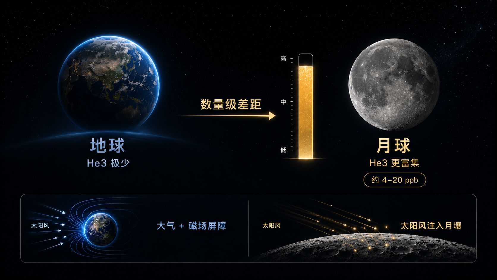 地球与月球 He3 含量对比：地球极少，月球月海加权 4–20 ppb，太阳风注入月壤示意
